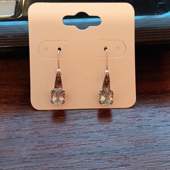925 Sterling Silver Marcasite Light Blue Glass Earrings - Picture 1 of 11